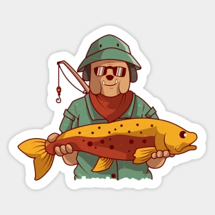 Fishing Dog got a huge fish, Vintage Retro Style Sticker